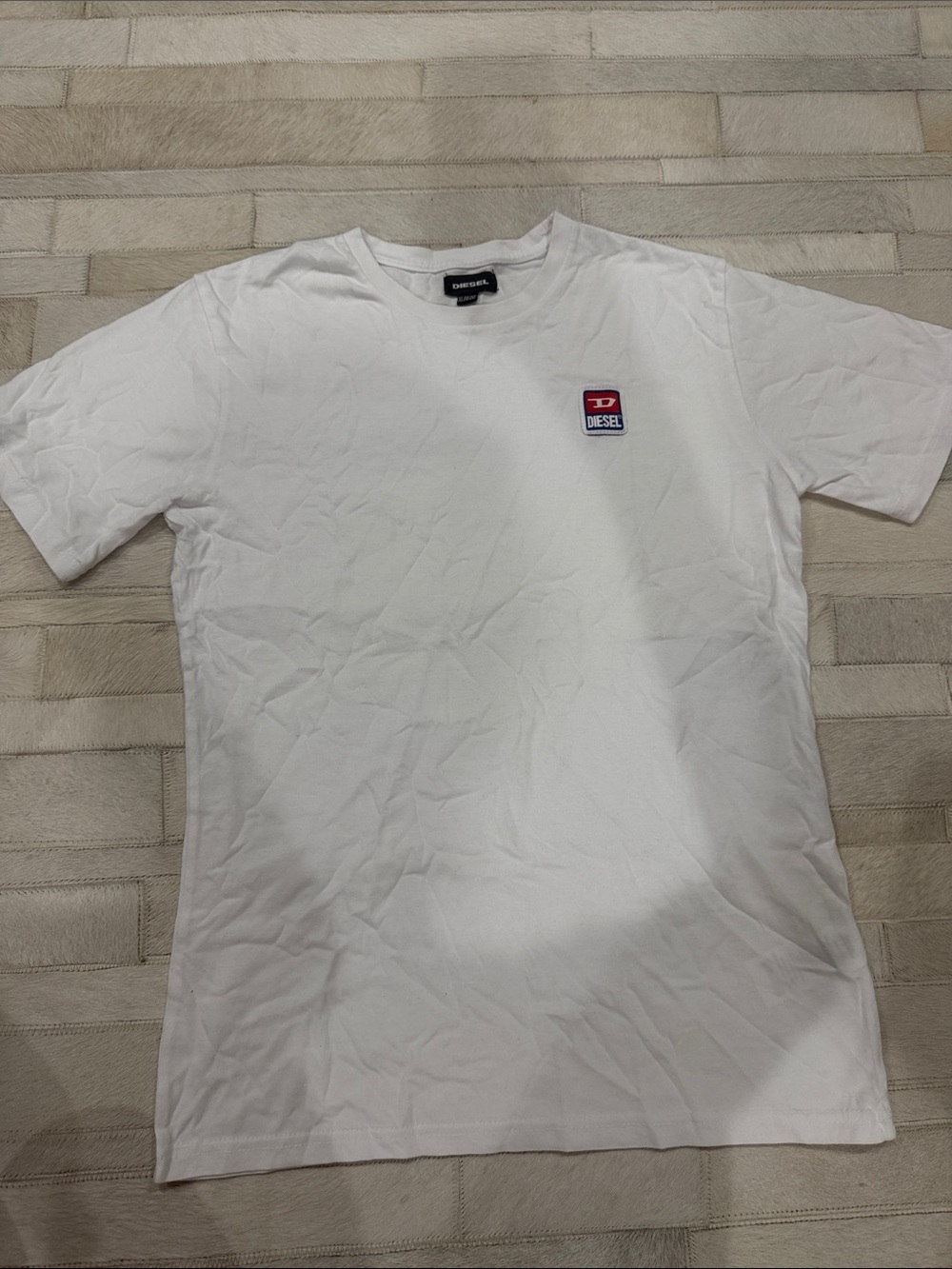 Diesel White Short Sleeve Crew T-Shirt with Red & Blue Logo Patch